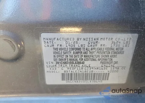2025 Nissan Versa S z USA, uszkodzony, nr VIN 3N1CN8DV0SL838640